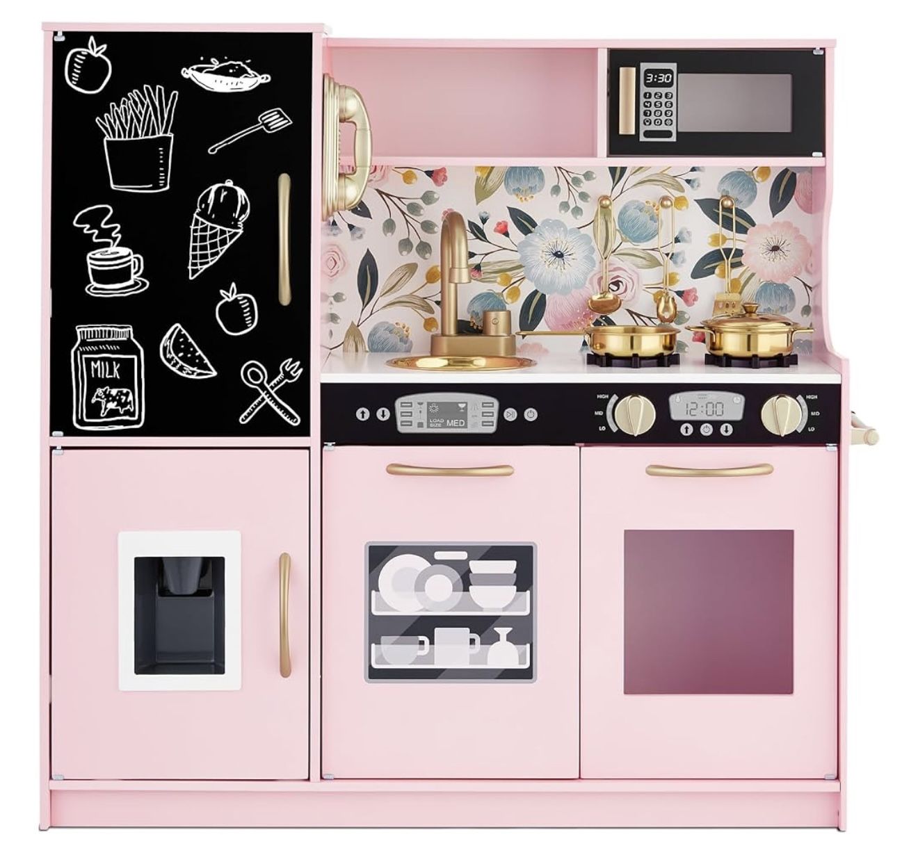 Kids Play Kitchen Wooden Toy Set for Kids w/Realistic Design, Telephone, Utensils, Oven, Microwave, Sink - Pink Floral