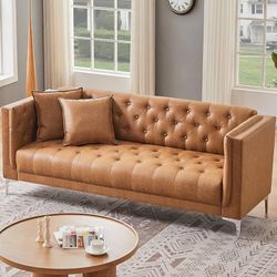 79" W Brown Faux Leather Sofa Couch with 2 Pillows, 3 Seater Couches for Living Room, Handmade Button Tufted Cushions and Metal Legs, Modern Sofa for 