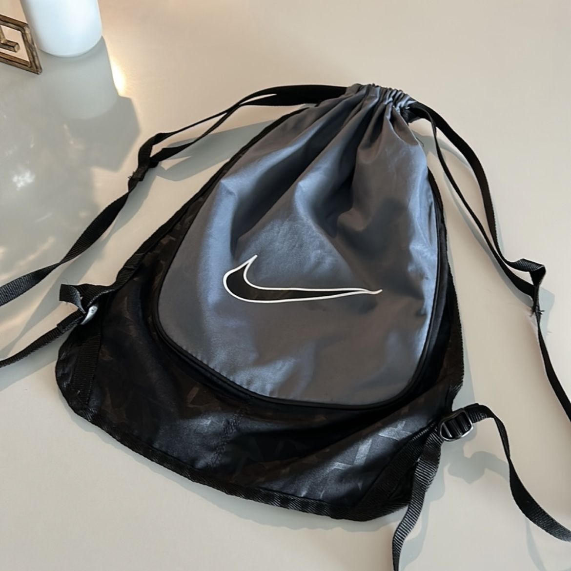 Nike Gray Grey Black Drawstring Backpack Gym Bag Travel Bag