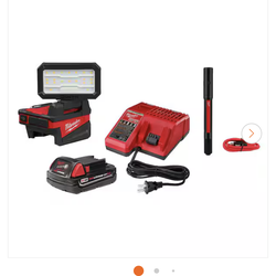 MILWUAKEE M18 18-VOLT LITHIUM-ION CORDLESS ROVER FLOOD LIGHT, (1) M18 2.0 AH BATTERY, CHARGER, AND RECHARGEABLE PENLIGHT BRAND NEW