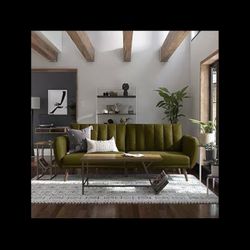 Novogratz Brittany Sofa Futon, Premium Linen Upholstery And Wooden Legs, Green Linen