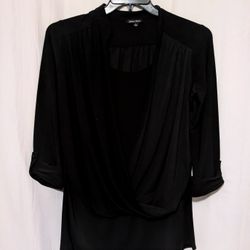 Athena Marie Black Drape Front Blouse Long Sleeve Button Cuff Small