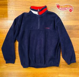 VTG 90s Tommy Hilfiger Fleece Pullover Sweater Jacket Blue Logo Collar Large