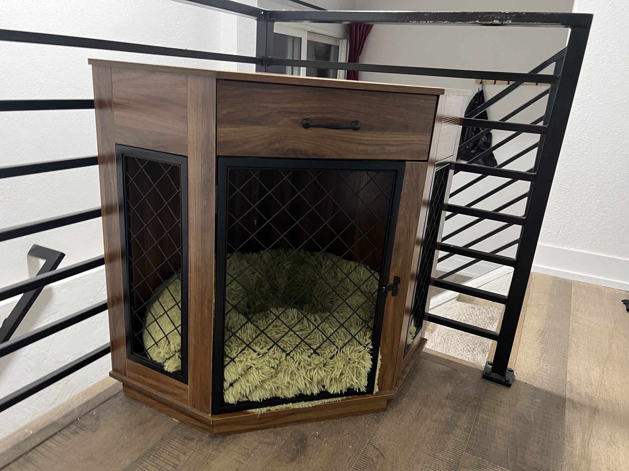 wood and metal corner table small dog crate with bed