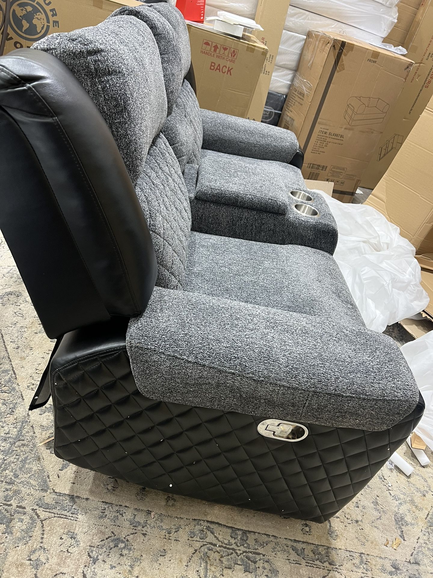 Clearance Sale Grey Fabric Plus Leather Recliner Sofa