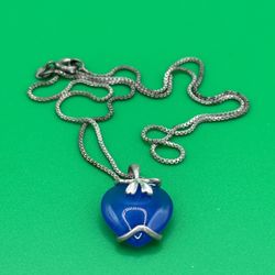 Vintage Blue Sea Glass 925 Silver 18” Long 1” Pendant Heart Necklace Italian Chain Great Condition