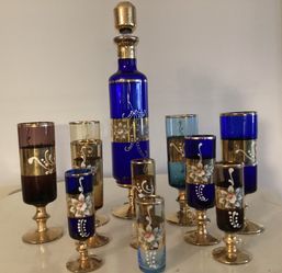 Vintage Murano Cobalt Blue W/Gold Decanter And 10 Various Color And Size Cordial Glasses
