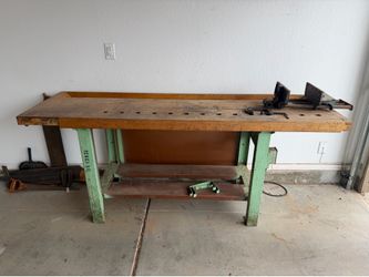 Vintage Industrial Wood Woodworking Workbench with Built-In Vise