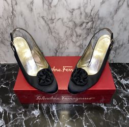 VNDS Salvatore Ferragamo Black Satin Slingback Women’s Shoes 7b