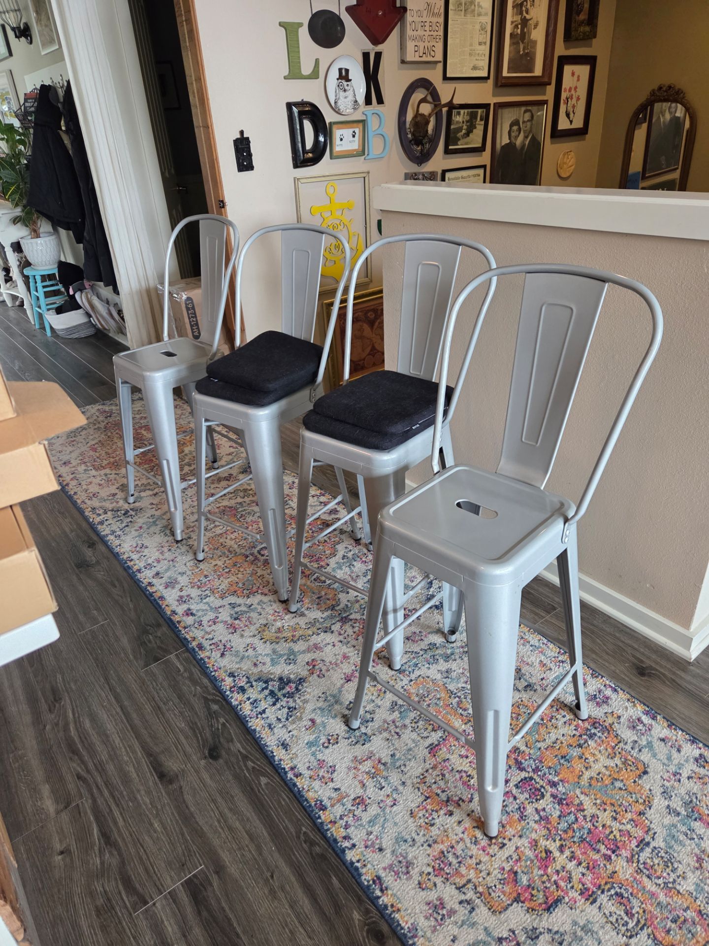 Metal bar stools, Counter height, set of 4 includes black chair pads.