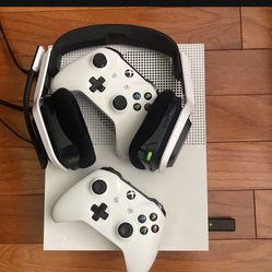 Xbox One S 500 GB, Two Controllers, and Wireless Headphones