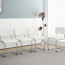 Modern Simple Light Luxury Dining Chairs with Silver Metal Legs - Set of 4,White Bow-Back Student Chairs for Family Dining Room, Bedroom, Dressing Ro