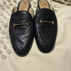 Sam Edelman Black Leather Gold Buckle Mules