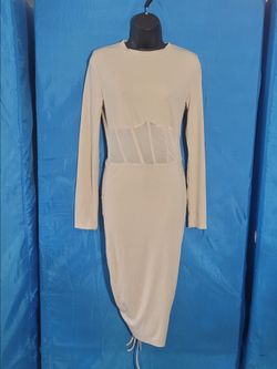 MICAS Women's Pearl Color MIDI Cocktail Dress Long Sleeve Size Large .