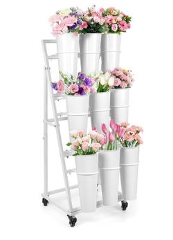3FT Flower Display Stand with 9 Buckets,Metal Flower Bar Stand with Wheels