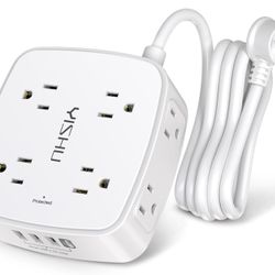 6 Ft Surge Protector Power Strip - 8 Widely Outlets with 4 USB Ports, 3 Side Outlet Extender with 6 Feet Extension Cord, Flat Plug, Wall Mount, 