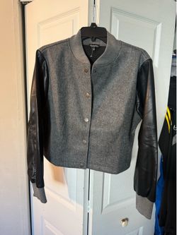 Women Grey wool varsity jacket with leather sleeves - Size Large