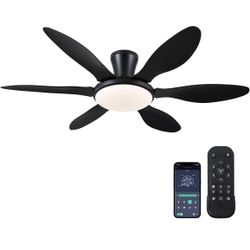 Ceiling Fans with Lights, 51 inch Modern Black Low Profile Ceiling Fan with Light and Remote App Control, Flush Mount, Quiet DC Reversible, Dim Led Ce