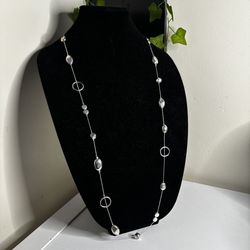 ✨ Long Silver Tone Beaded Necklace w/ Open Circle Accents | Minimalist Boho