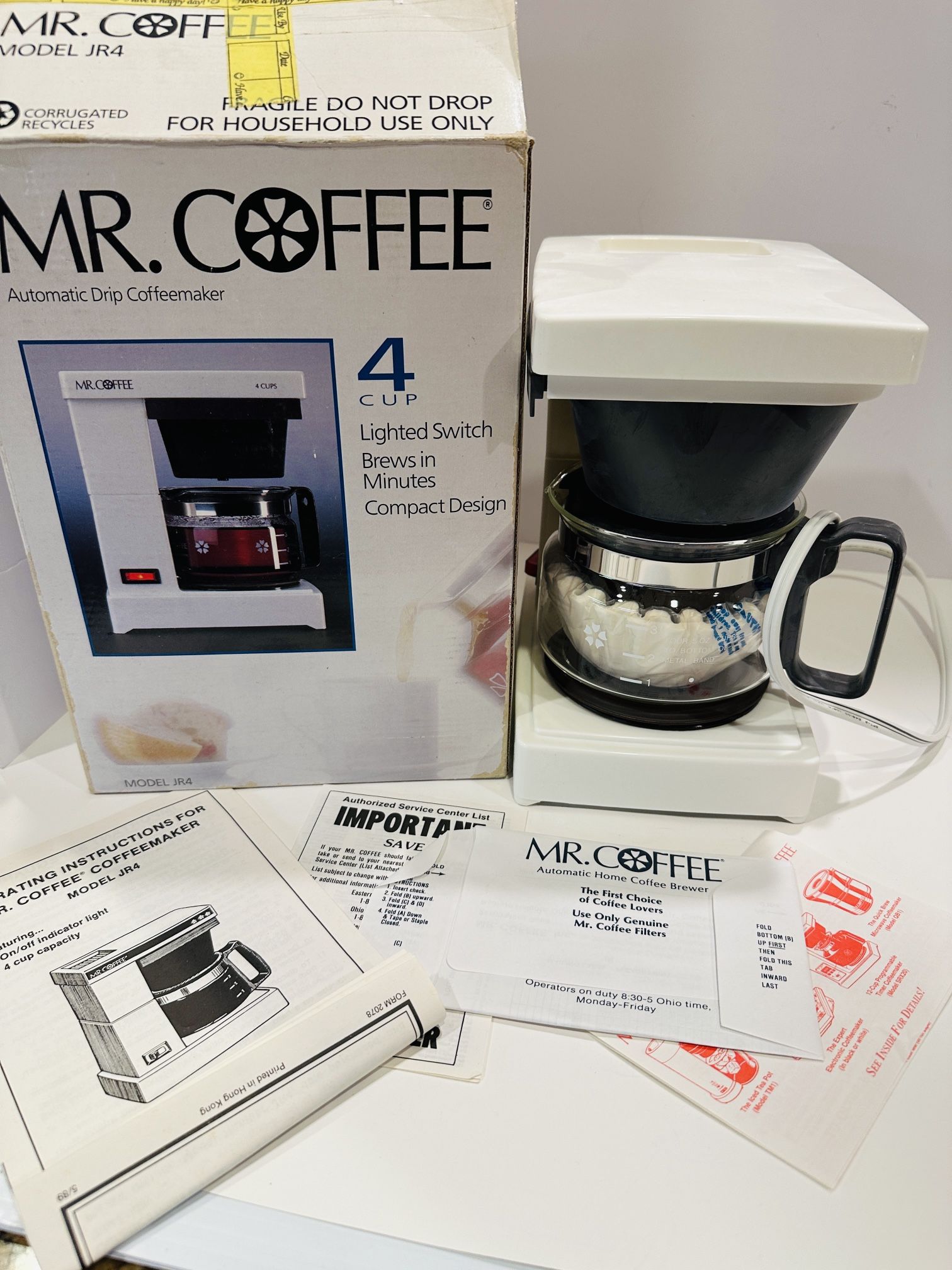 Vintage 1990 Mr Coffee Jr Model JR-4 Mini 4 Cup Coffee Maker White Tested Works!