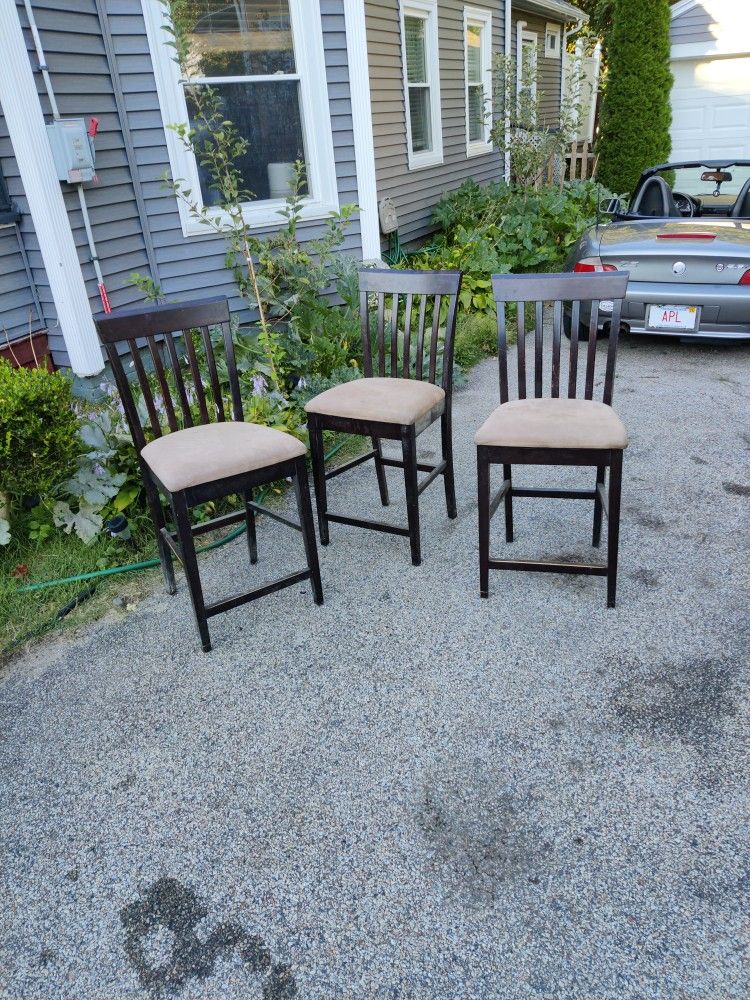 3 "Bar Stool Height" Wooden Chairs With Microfiber Suede Seats