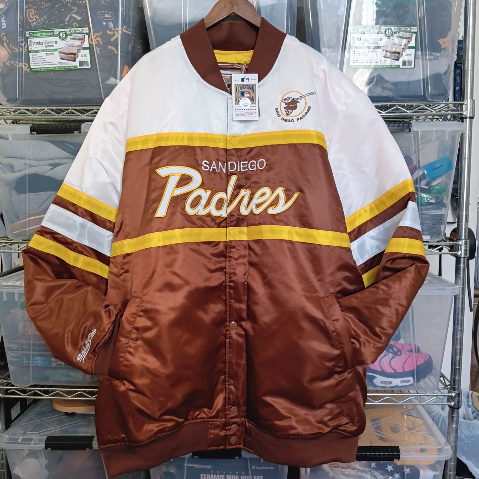 5XLT and 6XLB San Diego Padres Mitchell & Ness Big & Tall Coaches Satin Full-Snap Jacket Brown/Gold