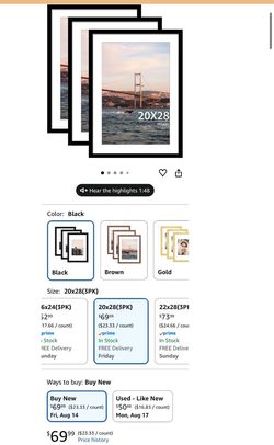 20x28 Picture Frame Black Set of 3, Display Pictures 16x24 with Mat or 20 x 28 (j14)