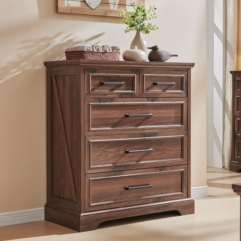 Farmhouse 5 Drawer Dresser, 32 " Storage Cabinet for Bedroom, Chest of Drawers Wood Organizer for Living Room, Brown