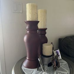 Two Latge Ceramic Burgundy Candle Holders 