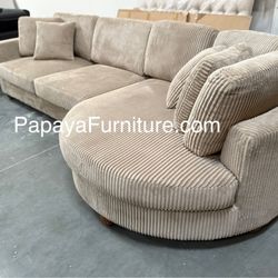 New! 125” Deep Seating Sectional Sofa, Plush Sectional, Modern Camel Beige Sectional, Corduroy Couch, Sofa, Sectionals, Round Shape Chaise Sofa Couch