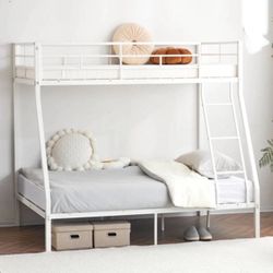 Twin Over Full Metal Bunk Bed with Stairs & Full-Length Guardrail, White, New in Box
