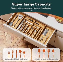 Silverware Organizer Large, Magnetic Connected Expandable 13 Slots Silverware Drawer Organizer From 21 to 37.4 Inches, Adjustable Flatware and Cutlery