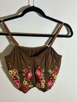 ROMWE Brown Floral Embroidered Bustier Corset Top S Spaghetti Straps Stretch