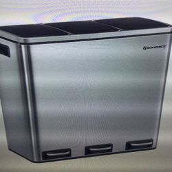 SONGMICS 3 X 18L 3 COMPARTMENT WASTE BIN WITH SLOW-CLOSE LID WITH INNER BUCKETS AND HANDLES FOR KITCHEN, SILVER AND BLACK
