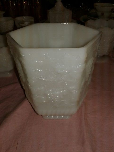 Vintage Ancor Hocking Fire King Ware Milk Glass sextagon dish 5.75 inches grape cluster design 7 inches tall A6M031