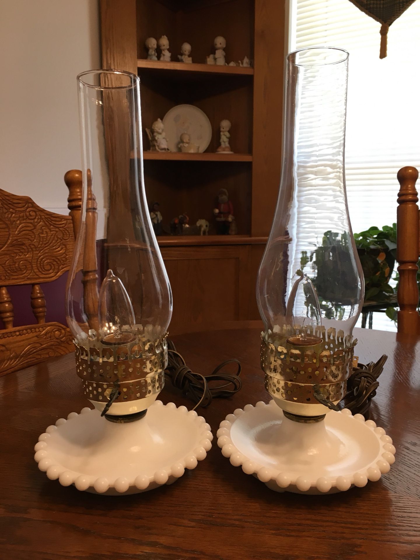 Antique Set Of 2 Milk Glass Oil Lamps
