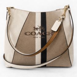 Coach Crossbody Shoulder Bag – Cream & Tan Stripe Canvas Leather Trim