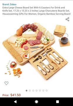 New Premium Organic Bamboo Charcuterie Cheeseboard Serving Set + Coasters for 6