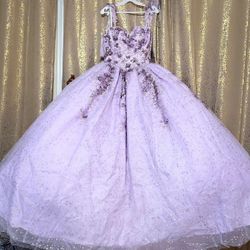 Beautiful light purple ball gown with matching crown, necklace, earrings, bracelet, and bouquet for sale. Worn only once, in perfect like-new conditio