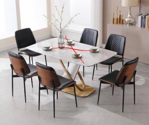 Dining Chairs Set of 6, PU Leather Armless Kitchen Chair in Modern Walnut Style, Mid Century Bentwood Side Chair with Metal Legs, Retro Accent Guest C