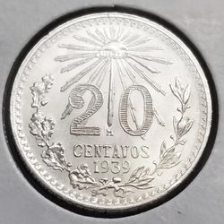 1939 Mexico 20c Silver Coin BU