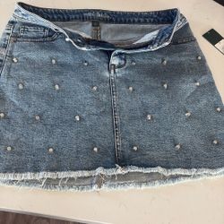 Strudded Denim Skirt - Frayed hem, Women Size 10