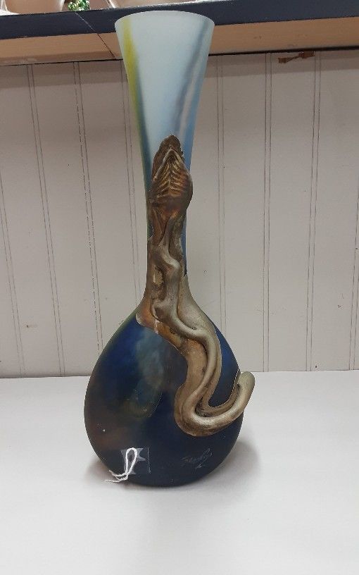 Romanian Artist Hand Blown Art Glass Vase W/ Leaf Stone Metal Wrap- Located In Shelton 