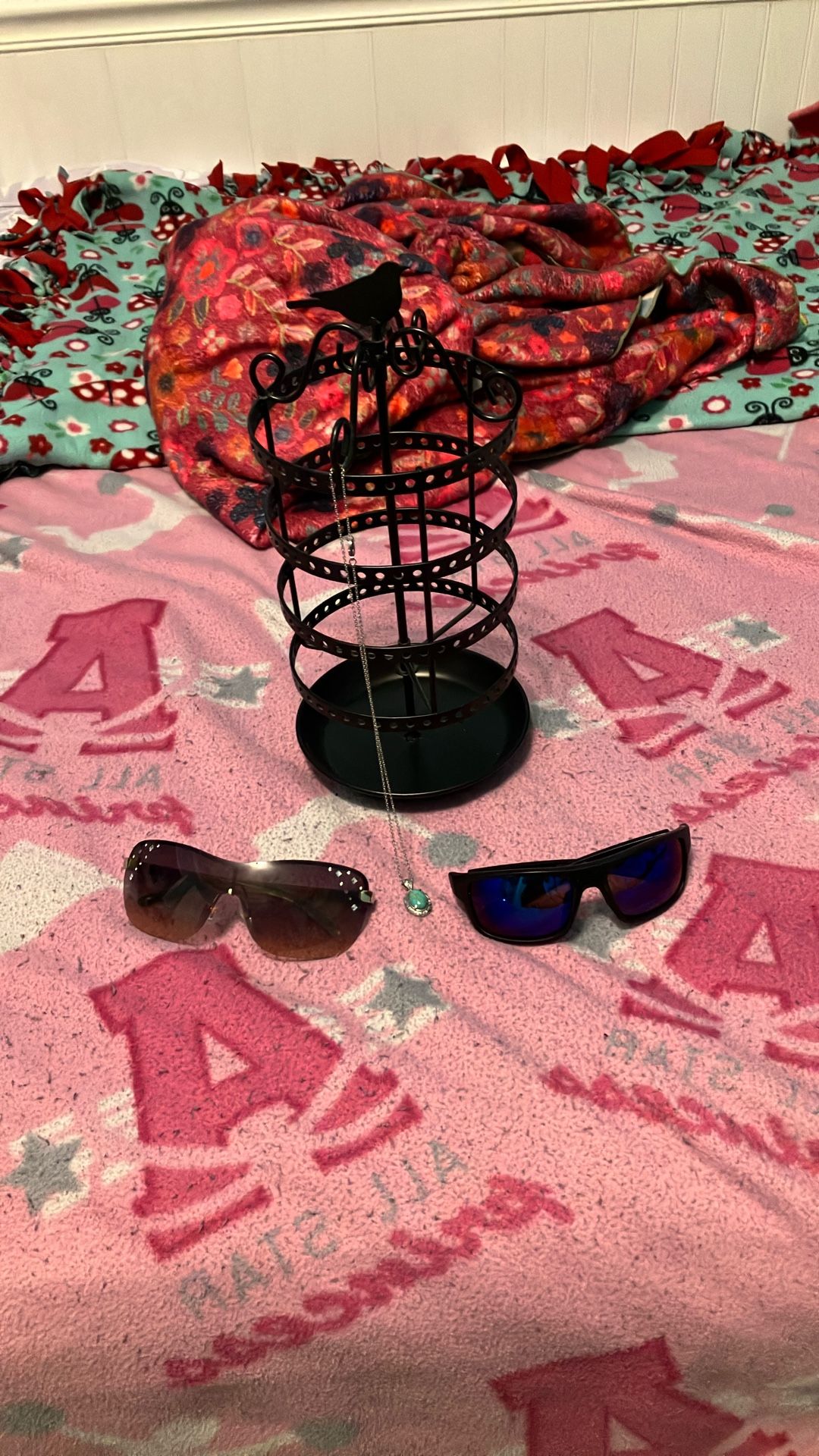 Two Sunglasses , A Necklace,And A Jewelry Holder