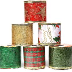 36 Yards Christmas Wired Ribbon, Assorted Plaid Sparkling Decorations Wired Sheer Glitter Tulle Ribbon (2.5" Wide x 6Yard Each) - Floral Poinsettia Pl