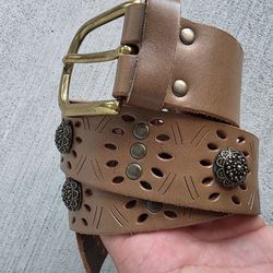Vintage Brown Leather Belt Studded Boho Western Brass Buckle 37” x 1.5”