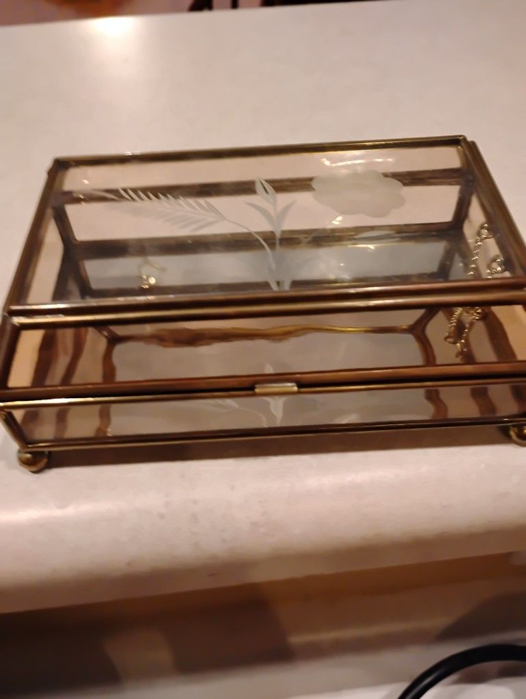 Vintage Glass Etched Flower Jewelry Display Box
