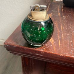 Vintage Art Glass Table Lighter Emerald Green Controlled Bubbles 