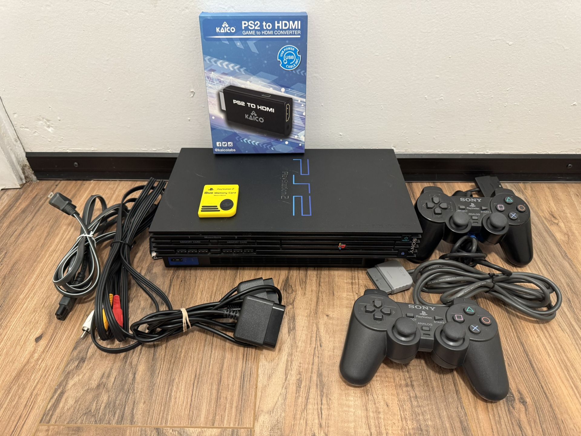 Sony PS2 Playstation 2 with 2 controllers, memory card & HDMI convert
