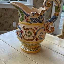 Porcelain Pitcher From Spain. Multi Color Ed11”H X 10”W